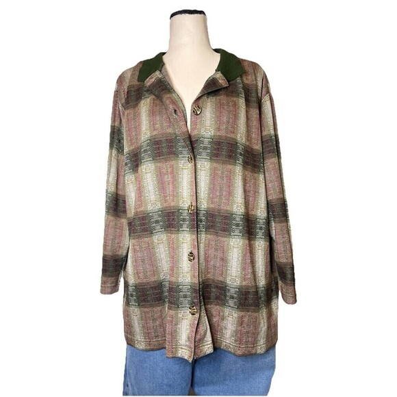 Vtg Express Tricot Button Up Top Southwestern Aztec Army Green Women Large - Picture 2 of 11